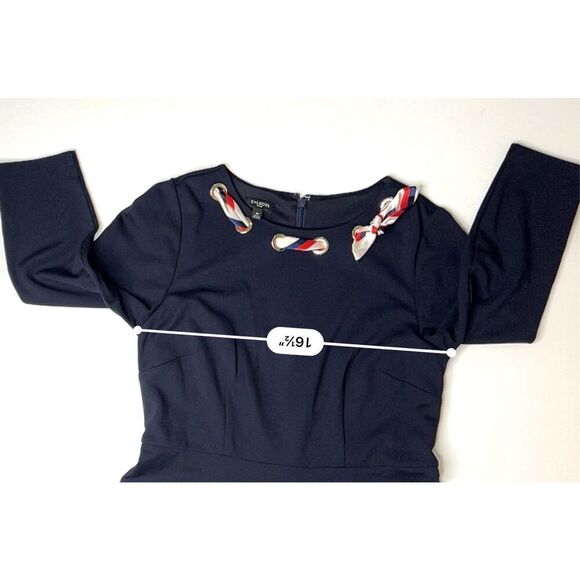 Talbots Petite Retro 50s Scarf Dress 3/4‎ Sleeve Navy Blue Ponte Fit & Flare 4P - Picture 6 of 12